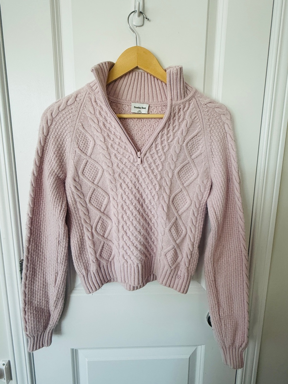 Sunday Best Light Pink Cable-Knit Half-Zip Turtleneck Sweater